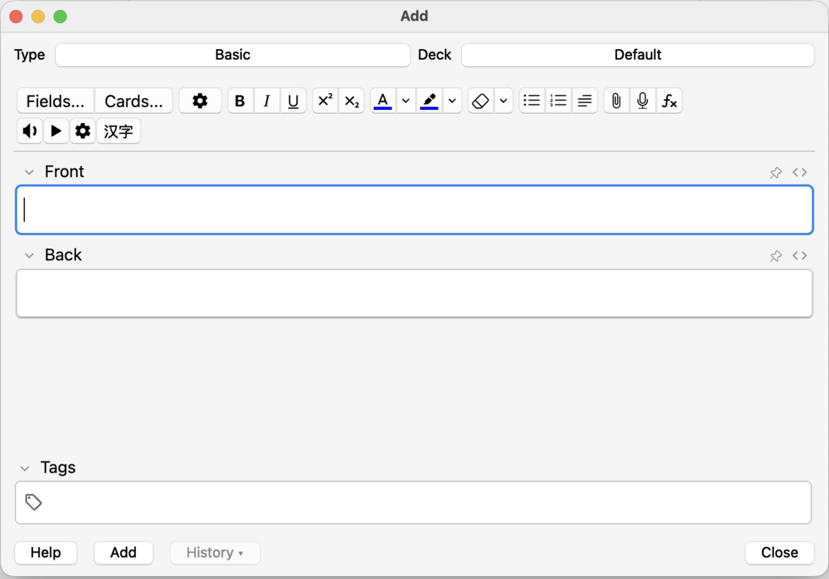 Anki Add Note dialog showing Type: Basic and Deck: Default dropdowns, with Front and Back input fields and formatting toolbar
