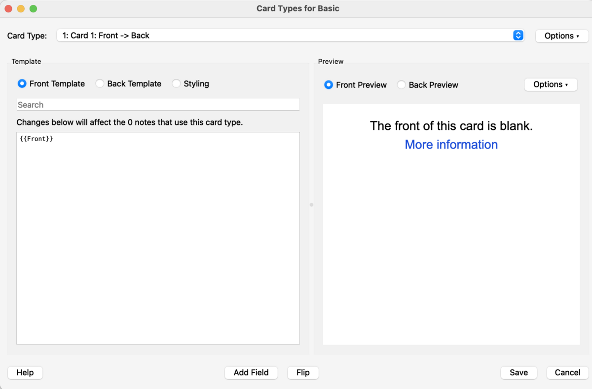 Card Types editor showing Front Template, Back Template, and Styling tabs on the left and a live preview panel on the right
