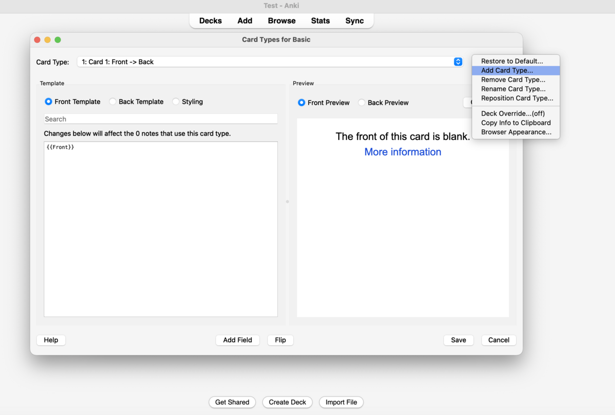 Card type Options dropdown menu showing Add Card Type, Remove Card Type, Rename Card Type, and other options