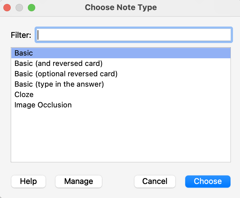Choose Note Type dialog showing Basic, Basic (and reversed card), Cloze, and other options with a Choose button