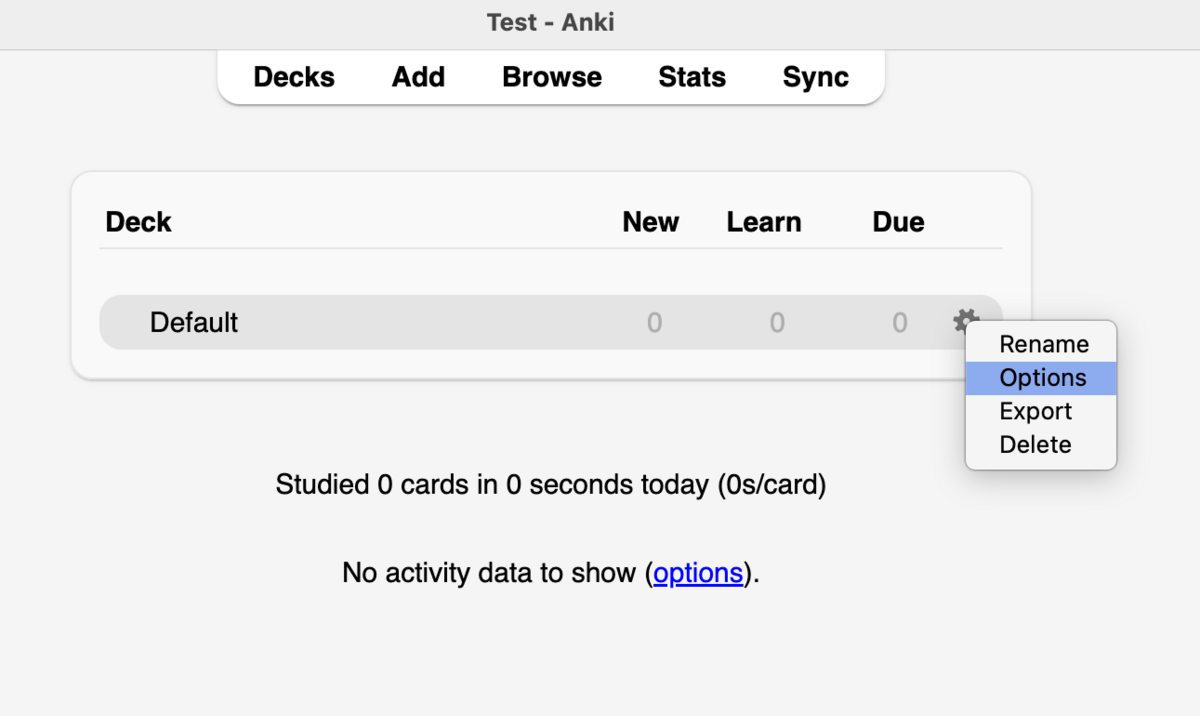 Deck list with gear icon dropdown open showing Rename, Options, Export, and Delete