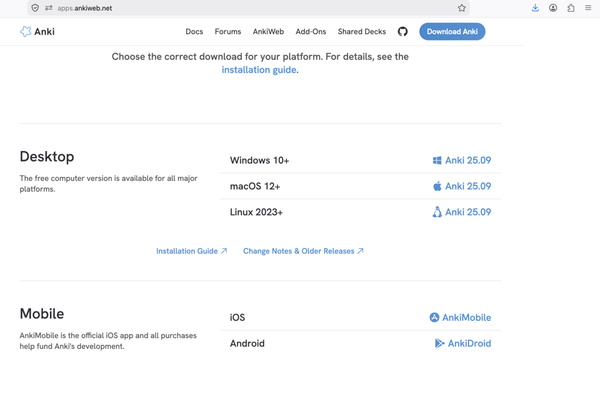 Anki download page at apps.ankiweb.net showing options for Windows, macOS, Linux, iOS, and Android