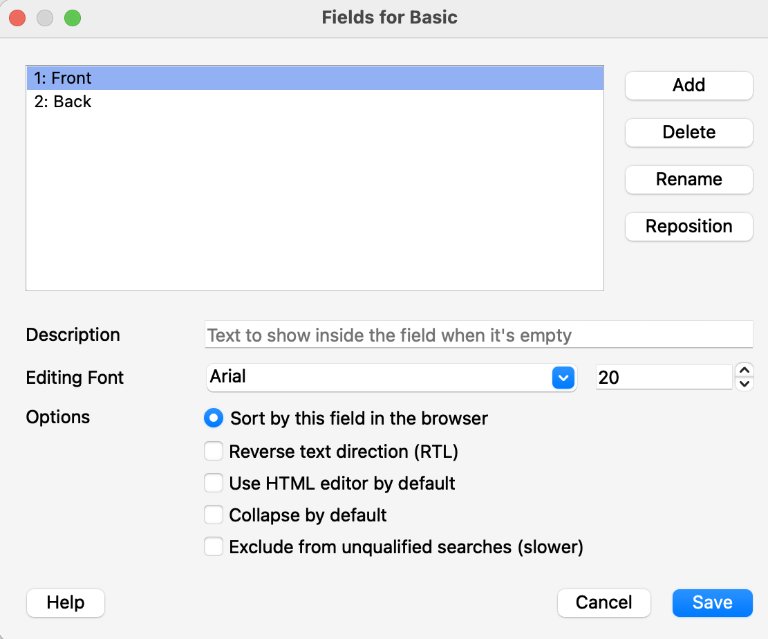 Fields editor showing a list of fields with Add, Delete, Rename, and Reposition buttons on the right