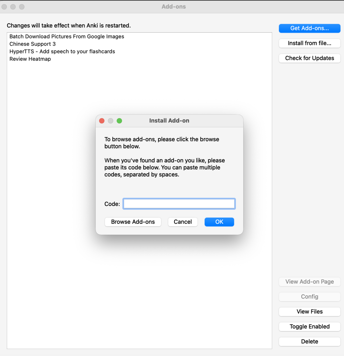 Add-ons window with the Install Add-on dialog open, showing a Code input field, Browse Add-ons button, and OK button