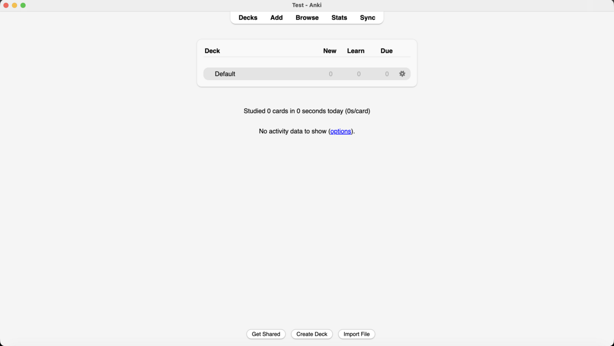 Anki main screen showing the Decks list with a Default deck, navigation bar, and activity summary