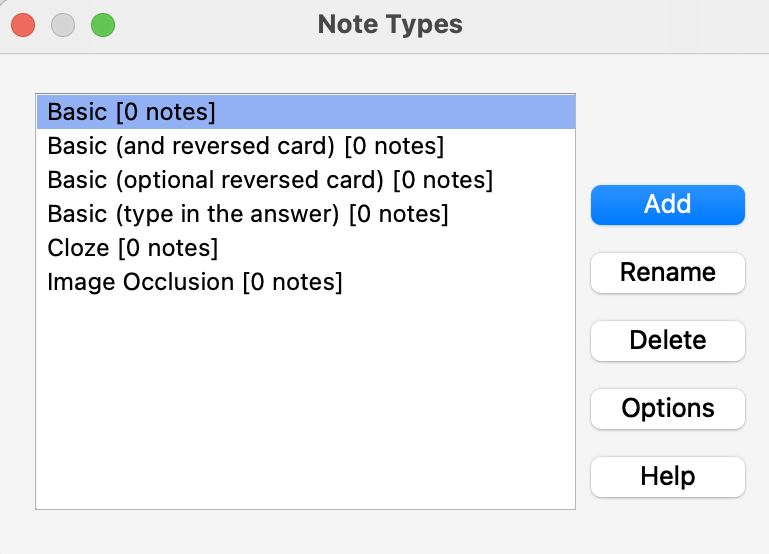 Anki Note Types manager showing Basic, Basic (and reversed card), Cloze, Image Occlusion, and other default note types
