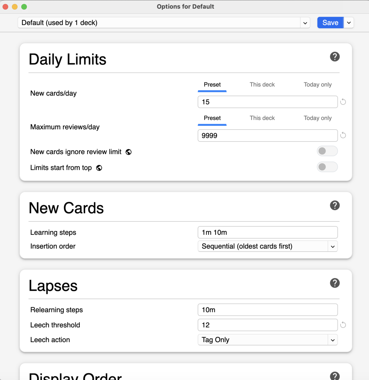 Anki Options panel showing Daily Limits with New cards/day set to 15, Maximum reviews/day set to 9999, and the New Cards and Lapses sections below