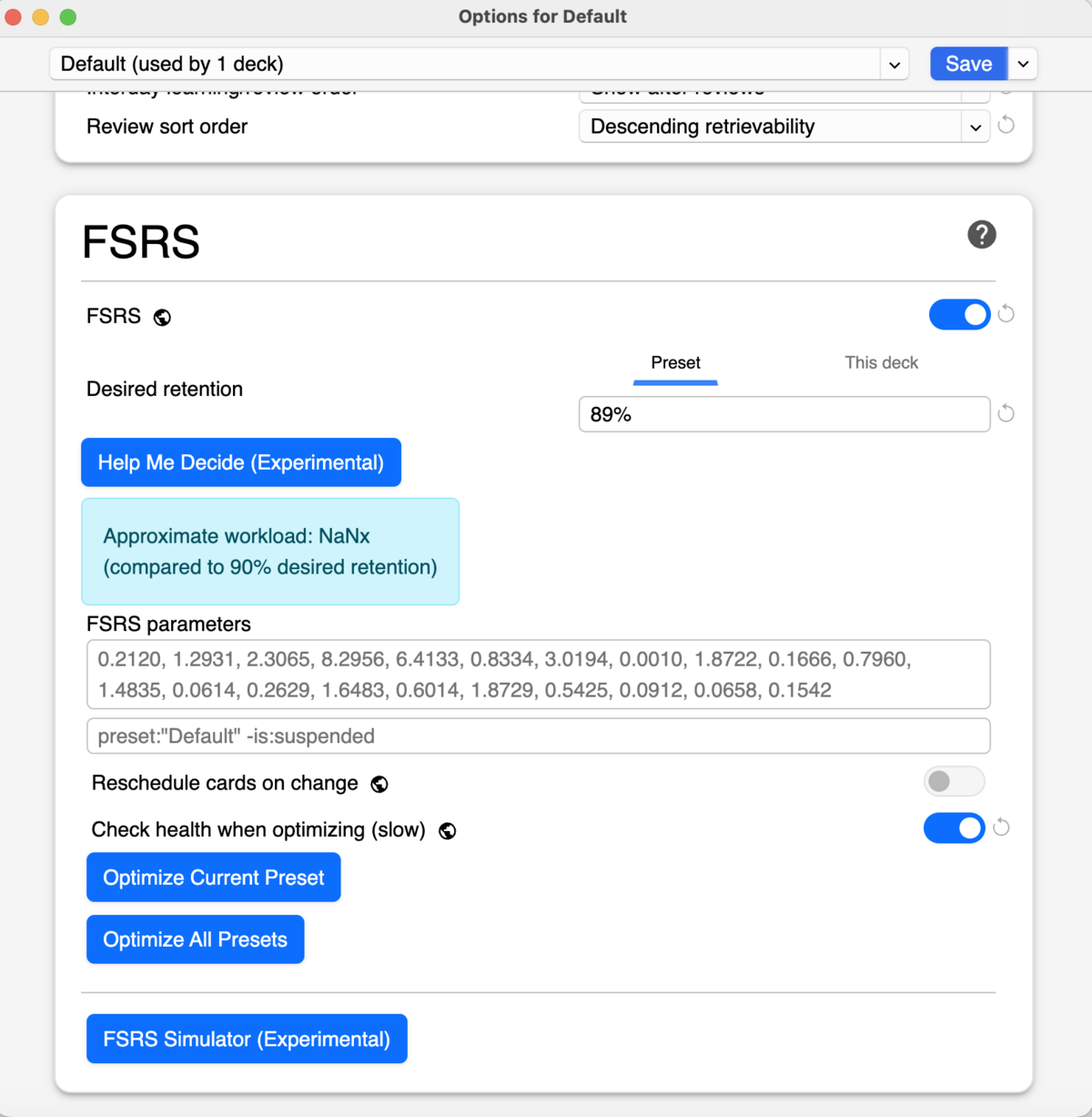 FSRS section in Anki deck options showing the FSRS toggle enabled and Desired retention at 89%
