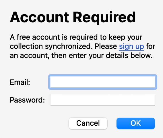 Account Required dialog showing email and password fields for AnkiWeb sync