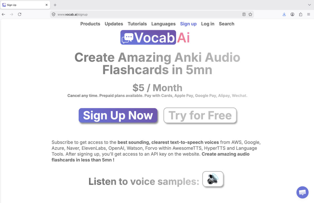 VocabAI app login page at app.vocab.ai showing Sign Up and Sign In options