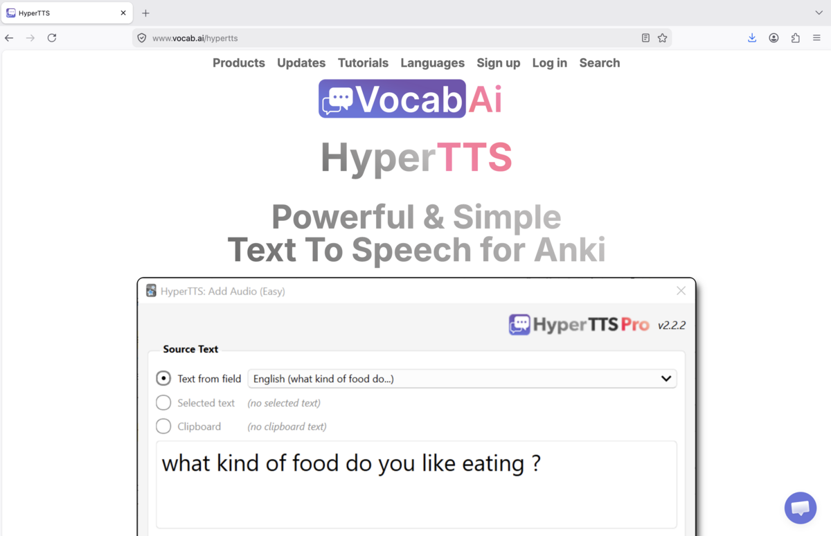 VocabAI signup page at vocab.ai/signup showing pricing options and voice provider list